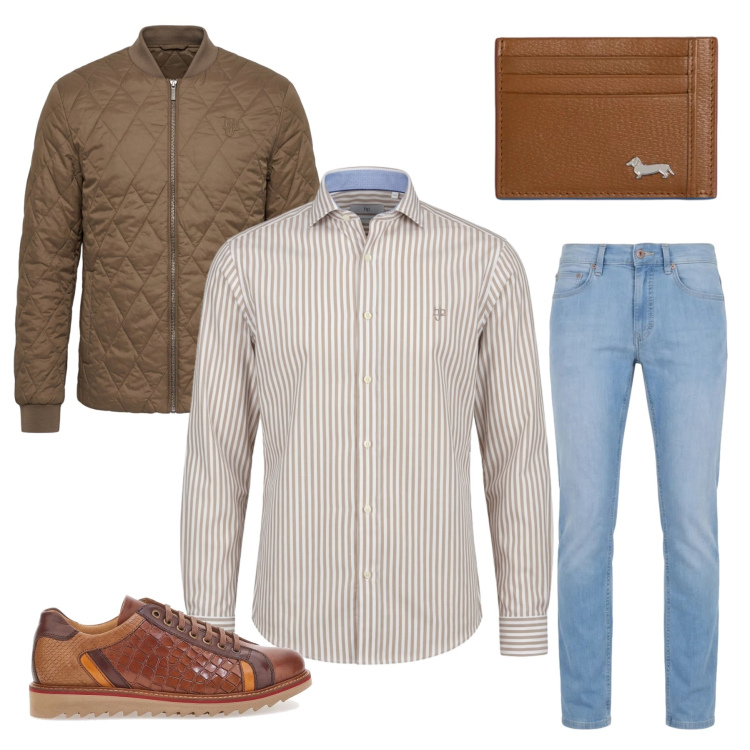 Outfit uomo - Texture e Toni Safari. Stile Urban per Tutti i giorni. Abbinamento con portafogli, jeans, piumini, camicie, scarpe stringate.