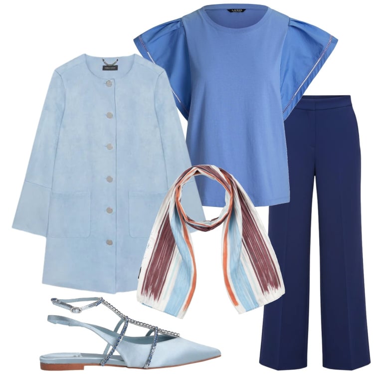 Outfit donna - Total look #2379635. Stile Chic per Ufficio. Abbinamento con sciarpe, top, ballerine, pantaloni a palazzo, cappotti.
