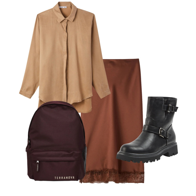 Outfit donna - Total look #2379636. Stile Casual chic per Tutti i giorni. Abbinamento con gonne longuette, stivaletti, zaini, camicie.