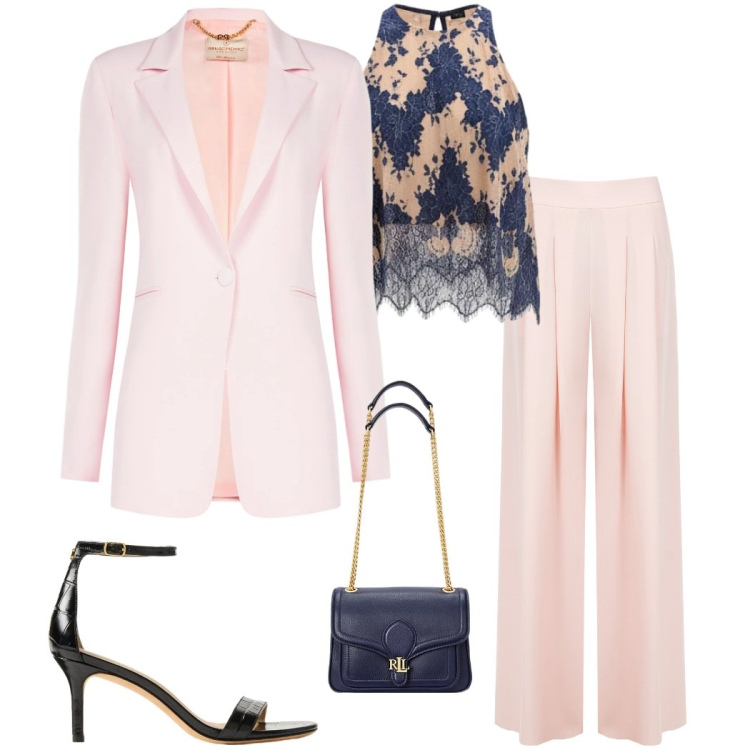 Outfit donna - Tailleur Rinascimento. Stile Chic per Cerimonia. Abbinamento con pantaloni a palazzo, blazer, top, sandali in pelle, borse a spalla.