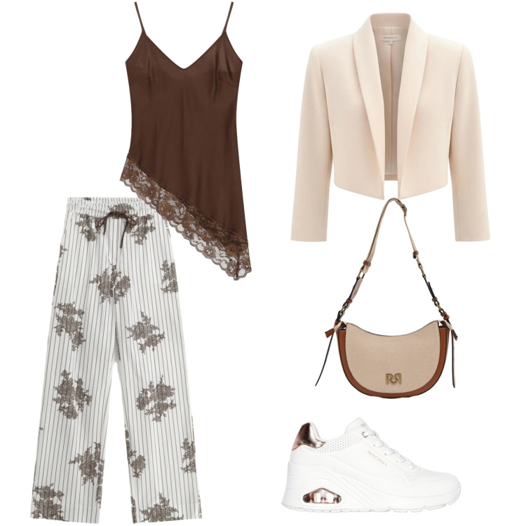 Outfit donna - Total look #2379640. Abbinamento con pantaloni a palazzo, top, borse a tracolla, bolero, sneakers alte.