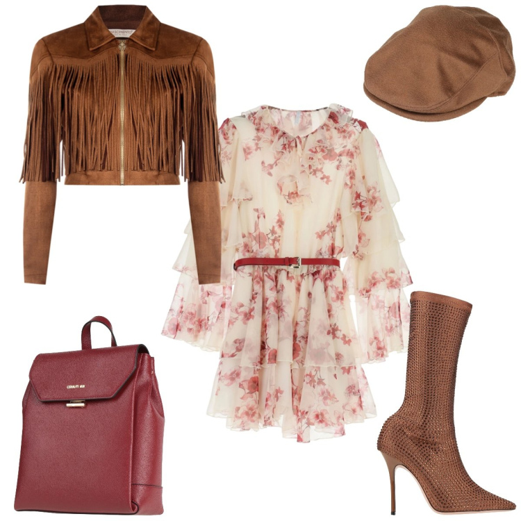 Outfit donna - Giacca crop con frange. Stile Casual chic per Tutti i giorni. Abbinamento con stivali, cappelli, zaini, vestiti corti, giacche.