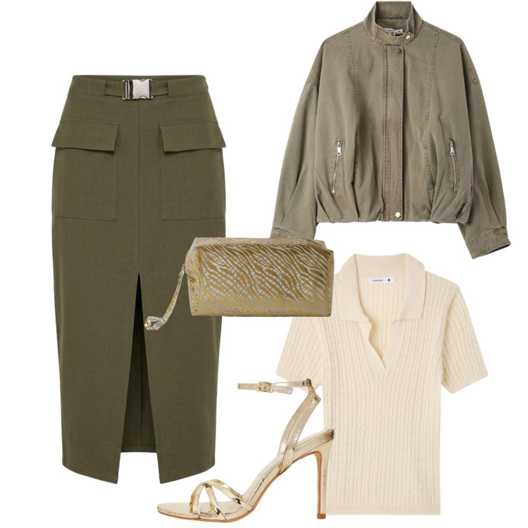 Outfit donna - Terranova mid season. Stile Trendy per Serata fuori. Abbinamento con gonne longuette, polo, bomber, sandali col tacco, valigie.