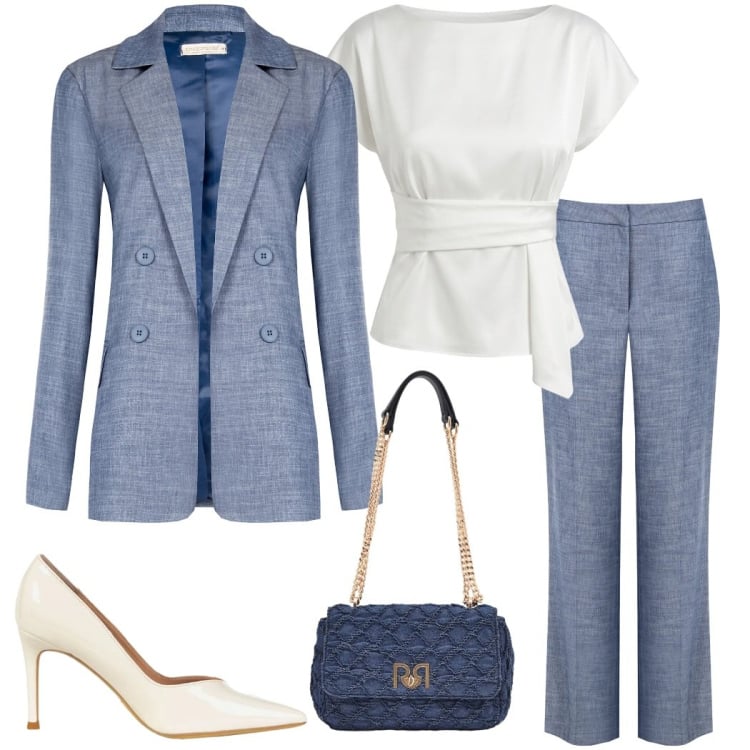 Outfit donna - Tailleur Rinascimento. Stile Chic per Cerimonia. Abbinamento con blazer, pantaloni, bluse, décolleté, borse a spalla.