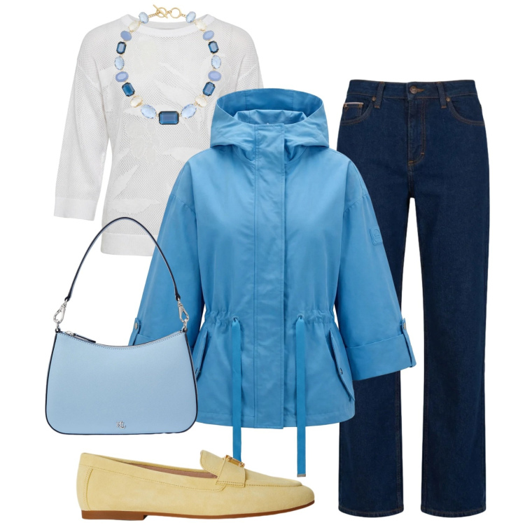 Outfit donna - Sorbetto mood - Harmont & Blaine. Stile Casual per Tutti i giorni. Abbinamento con maglieria, caban, jeans, collane, borse a spalla, mocassini.