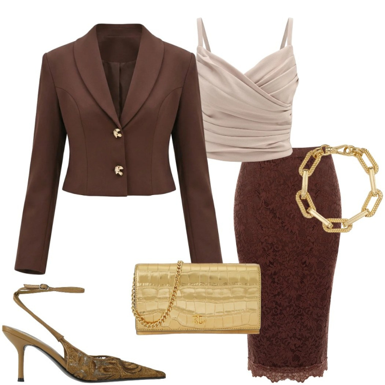 Outfit donna - Tailleur Rinascimento. Stile Chic per Cerimonia. Abbinamento con décolleté, gonne longuette, canottiere, blazer, braccialetti, borse a tracolla.