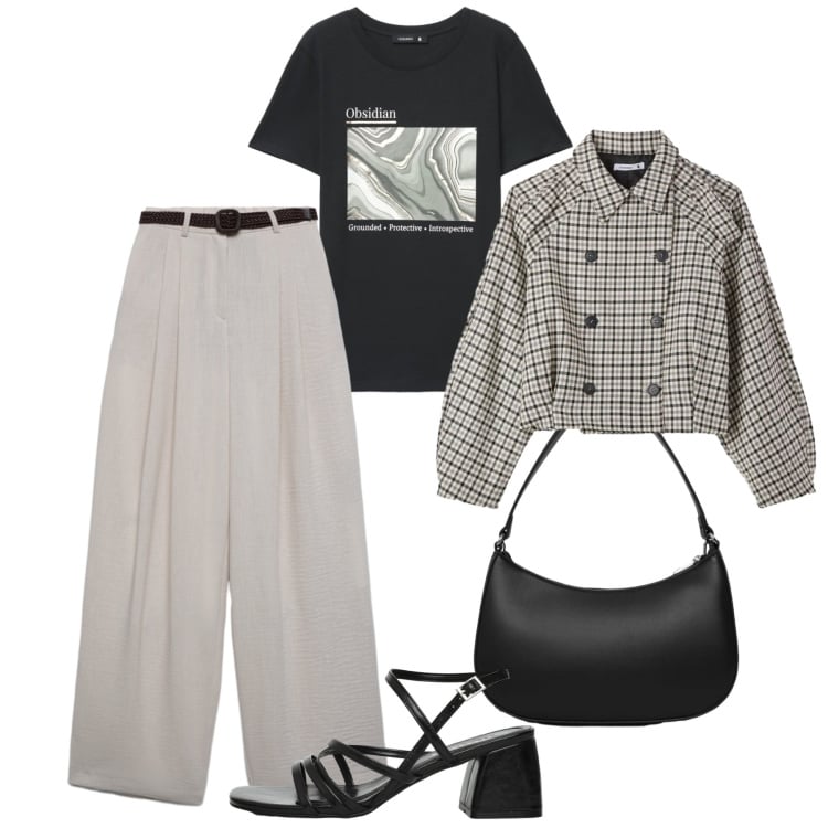 Outfit donna - Terranova metropolitana. Stile Urban per Tutti i giorni. Abbinamento con caban, sandali col tacco, pantaloni, borse a tracolla, t-shirt.