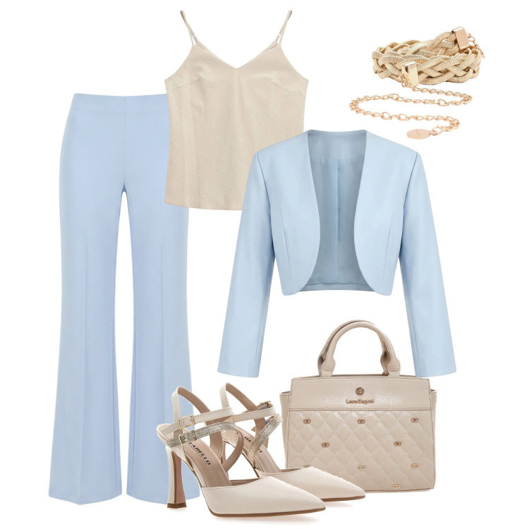 Outfit donna - Cerimonia in primavera. Stile Chic per Cerimonia. Abbinamento con canottiere, pantaloni a palazzo, bolero, cinture, décolleté, borse a mano.