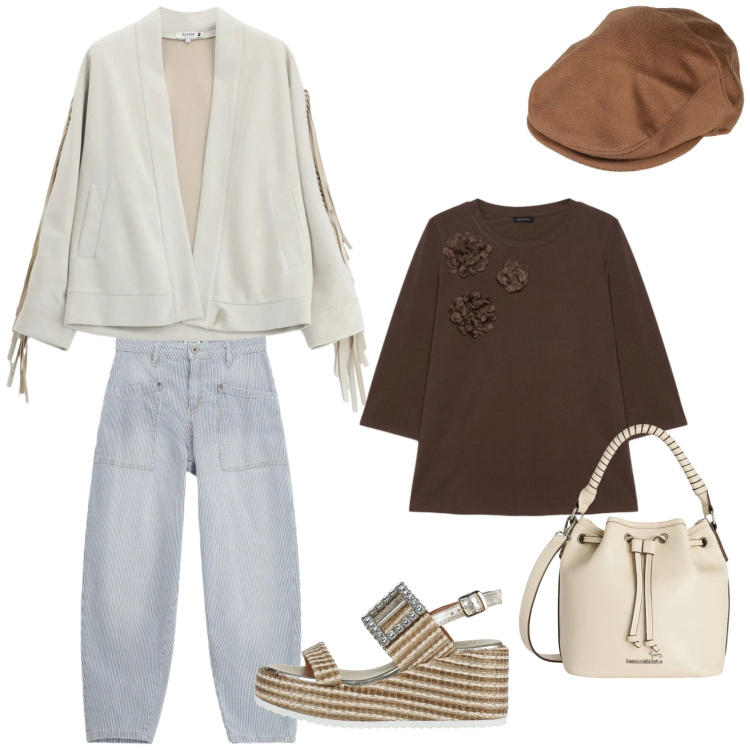 Outfit donna - A Campo de\' Fiori. Stile Casual chic per Tutti i giorni. Abbinamento con sandali in pelle, cappelli, t-shirt, blazer, jeans, borse a secchiello.