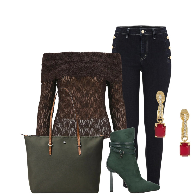 Outfit donna - Total look #2379669. Stile Romantica per Serata fuori. Abbinamento con stivaletti, bluse, jeans skinny, borse tote, orecchini.
