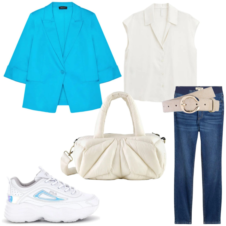 Outfit donna - Blazer di primavera. Stile Casual per Tutti i giorni. Abbinamento con cinture, jeans skinny, blazer, camicie, borse a mano, sneakers alte.