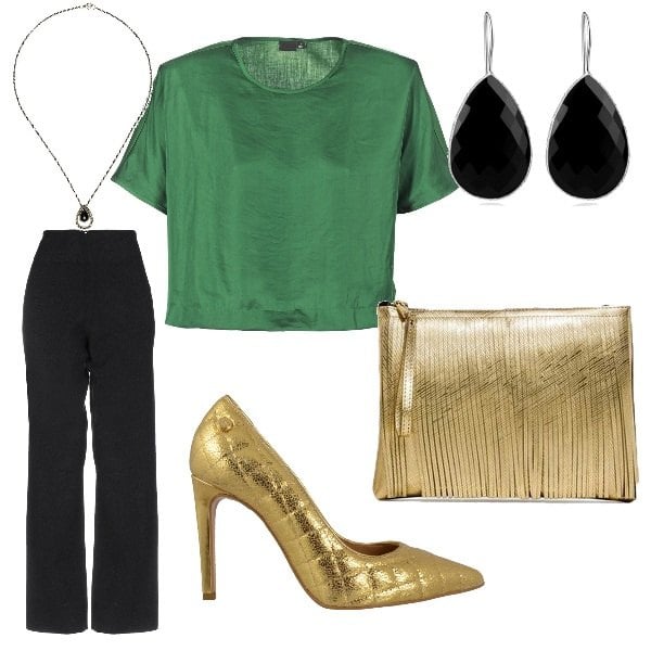 Outfit donna - Nascondi le curve in maniera naturale. Stile Bon Ton per Cerimonia. Abbinamento con pantalone a sigaretta lavorato a maglia vita alta tinta unita, camicetta, pochette fantasia con frange e zip, décolleté con cinturino oro, orecchini in sterling 925 nero e argento, collana in argento 925 nero.