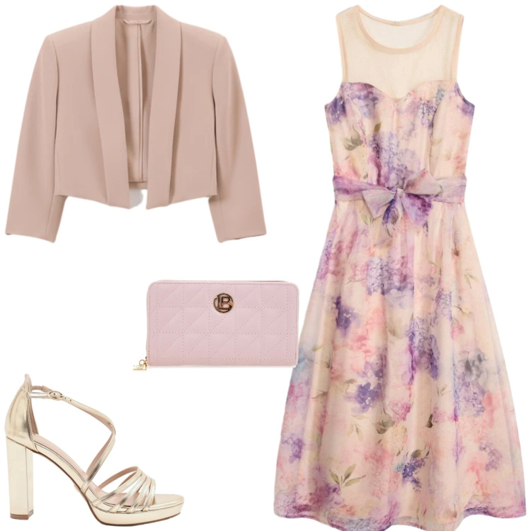 Outfit donna - Occasione: cerimonia. Stile Glamour per Cerimonia. Abbinamento con vestiti midi/longuette, sandali col tacco, bolero, portafogli.