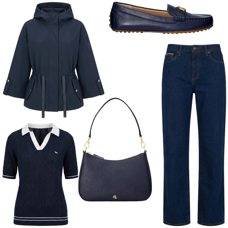 Outfit donna - City. Stile Urban per Tutti i giorni. Abbinamento con caban, jeans, polo, mocassini, borse a spalla.