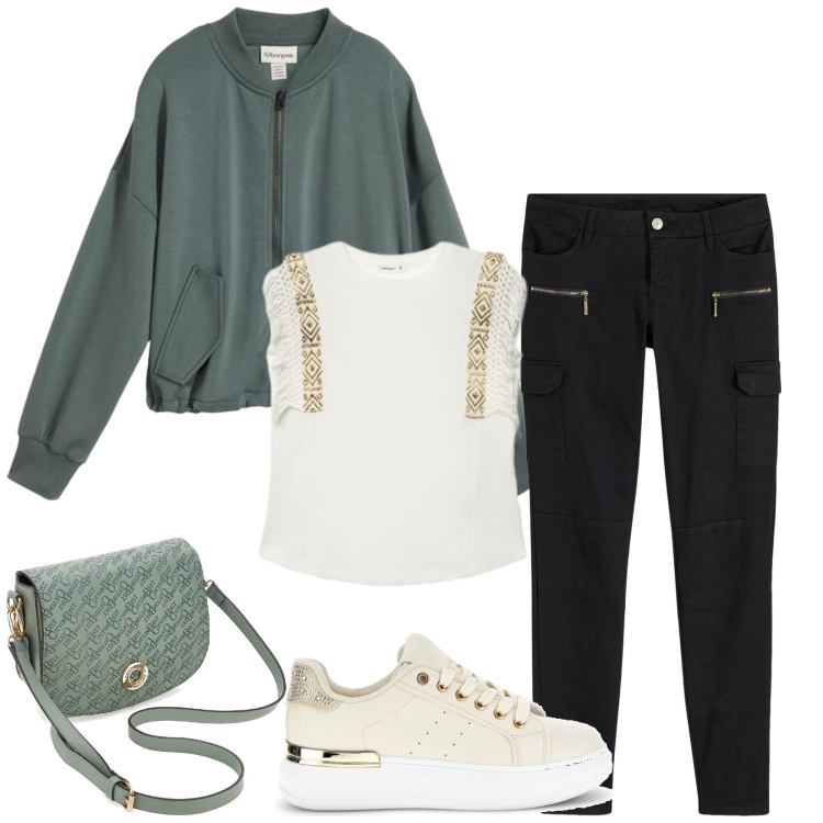 Outfit donna - Total look #2379697. Stile Casual per Tutti i giorni. Abbinamento con pantaloni cargo, bomber, t-shirt, borse a tracolla, sneakers.