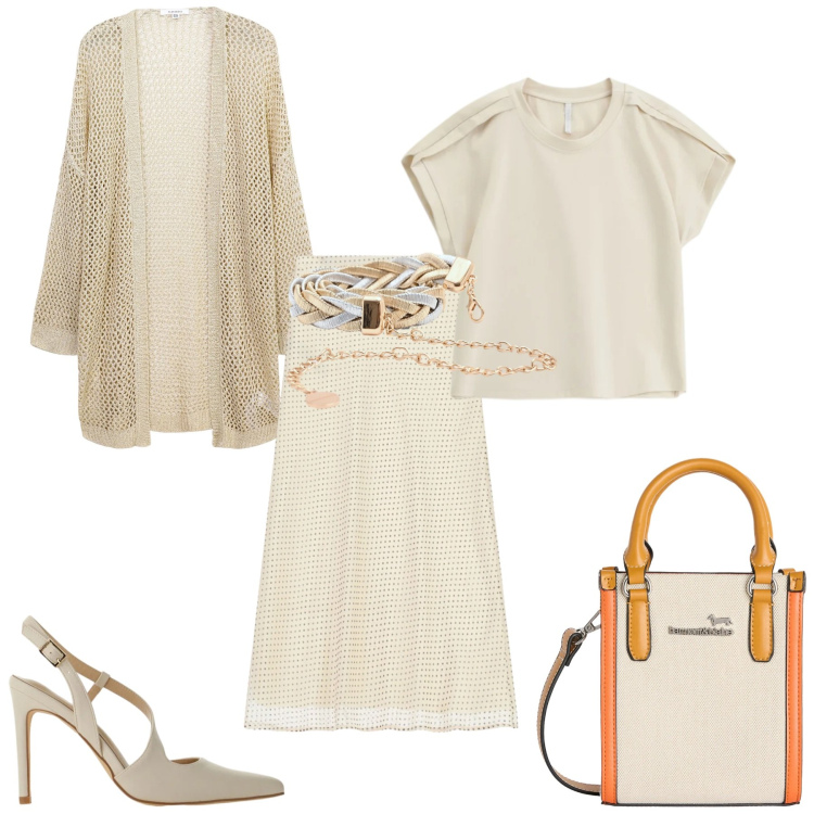 Outfit donna - Al lavoro con stile. Stile Glamour per Ufficio. Abbinamento con kimono, gonne lunghe, top, décolleté, cinture, borse tote.