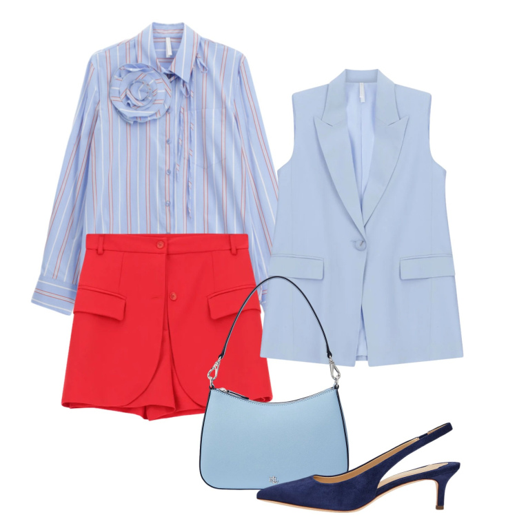 Outfit donna - Imperial - The New Crew SS 2026. Stile Chic per Tutti i giorni. Abbinamento con camicie, shorts, gilet, décolleté, borse a spalla.