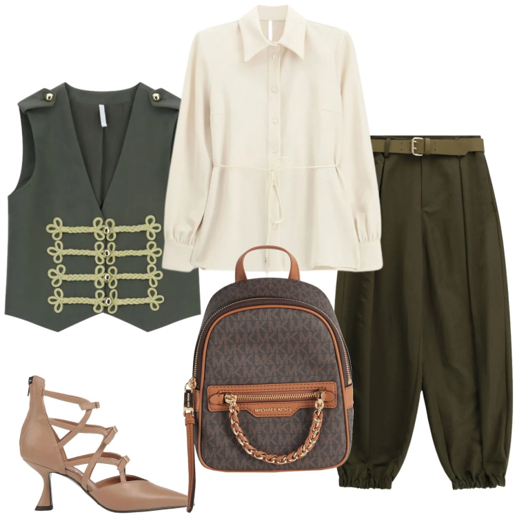 Outfit donna - Gilet Stile Napoleone. Stile Trendy per Serata fuori. Abbinamento con zaini, décolleté, gilet, pantaloni, camicie.