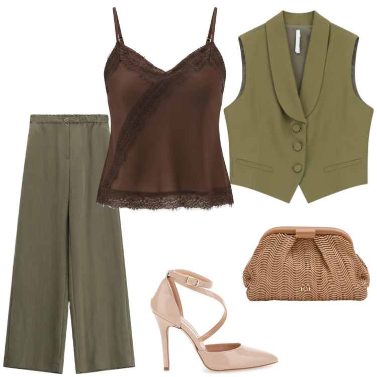 Outfit donna - Il tailleur femminile. Stile Glamour per Serata fuori. Abbinamento con pantaloni a palazzo, gilet, canottiere, pochette, décolleté.