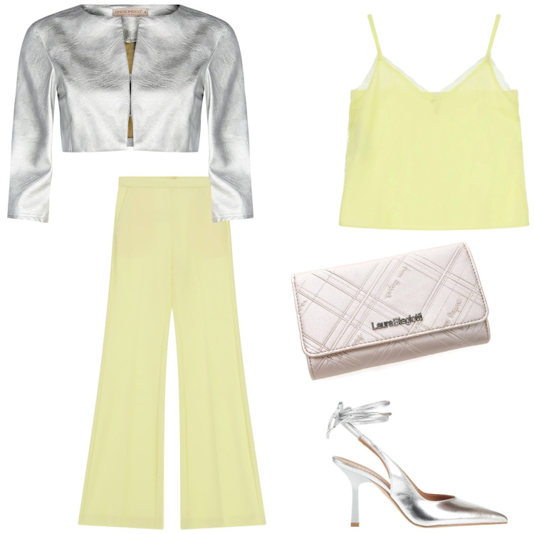 Outfit donna - I colori luminosi. Stile Trendy per Serata fuori. Abbinamento con décolleté, pantaloni, canottiere, bolero, portafogli.