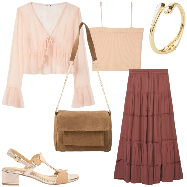 Outfit donna - Il look romantico di primavera. Stile Romantica per Tutti i giorni. Abbinamento con braccialetti, sandali col tacco, borse a tracolla, canottiere, gonne lunghe, bluse.