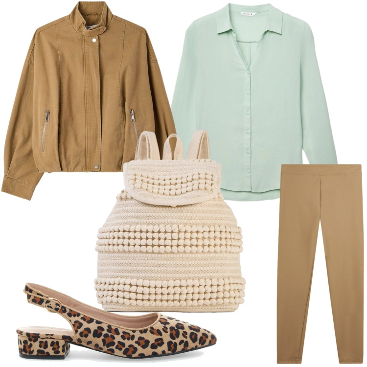 Outfit donna - Dinamica. Stile Trendy per Ufficio. Abbinamento con zaini, camicie, bomber, leggings, ballerine.