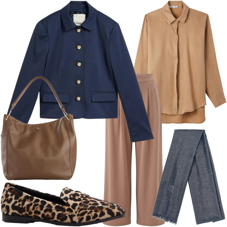 Outfit donna - Touch blu. Stile Trendy per Tutti i giorni. Abbinamento con blazer, borse a tracolla, mocassini, camicie, pantaloni, sciarpe.