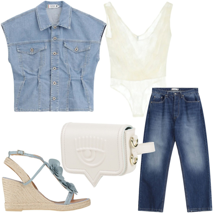 Outfit donna - Smanicato jeans. Stile Glamour per Tutti i giorni. Abbinamento con espadrillas, marsupi, jeans dritti, gilet, top.