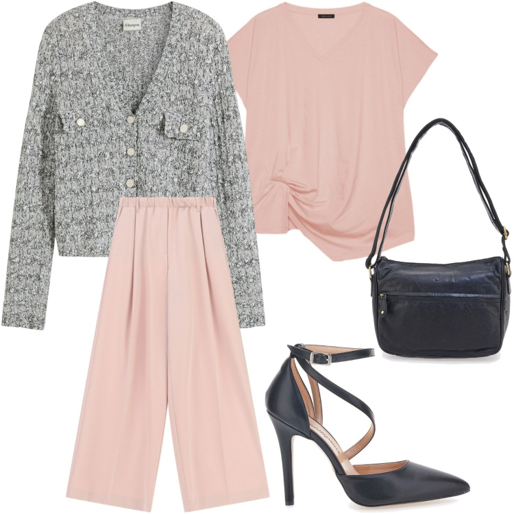 Outfit donna - Urban chic. Stile Chic per Ufficio. Abbinamento con cardigans, t-shirt, pantaloni a palazzo, décolleté, borse a tracolla.