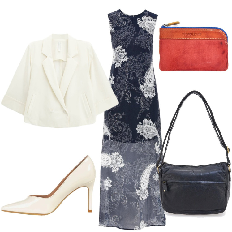 Outfit donna - Dress over. Stile Sexy per Serata fuori. Abbinamento con vestiti lunghi, blazer, décolleté, borse a tracolla, portachiavi.