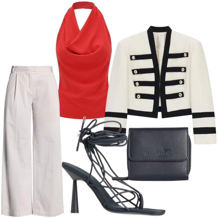 Outfit donna - Touch red. Stile Urban per Serata fuori. Abbinamento con pantaloni, ciabatte, blazer, canottiere, portafogli.