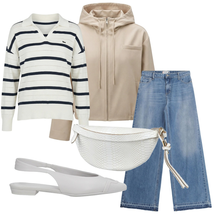Outfit donna - Righe e jeans. Stile Casual per Tutti i giorni. Abbinamento con marsupi, ballerine, jeans, maglieria, cappotti.