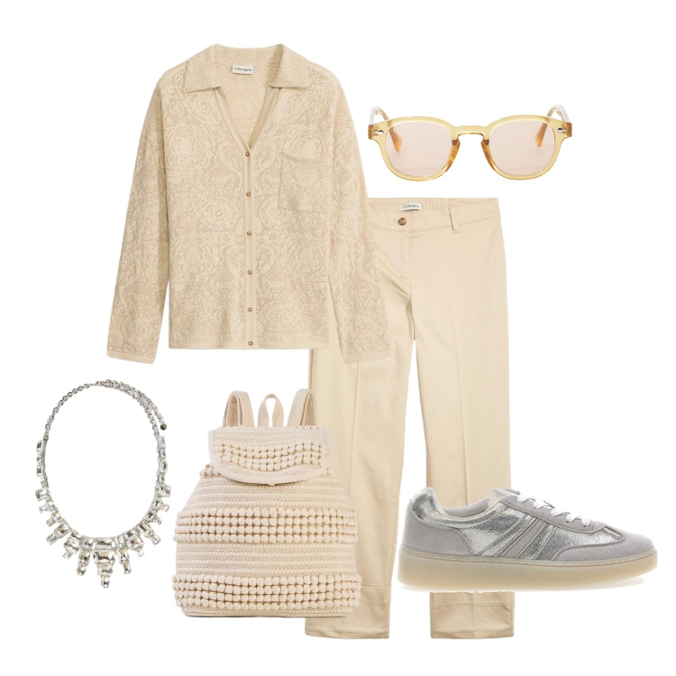 Outfit donna - Total look #2379887. Stile Casual per Serata fuori. Abbinamento con cardigans, pantaloni chino, zaini, collane, occhiali da sole, sneakers.