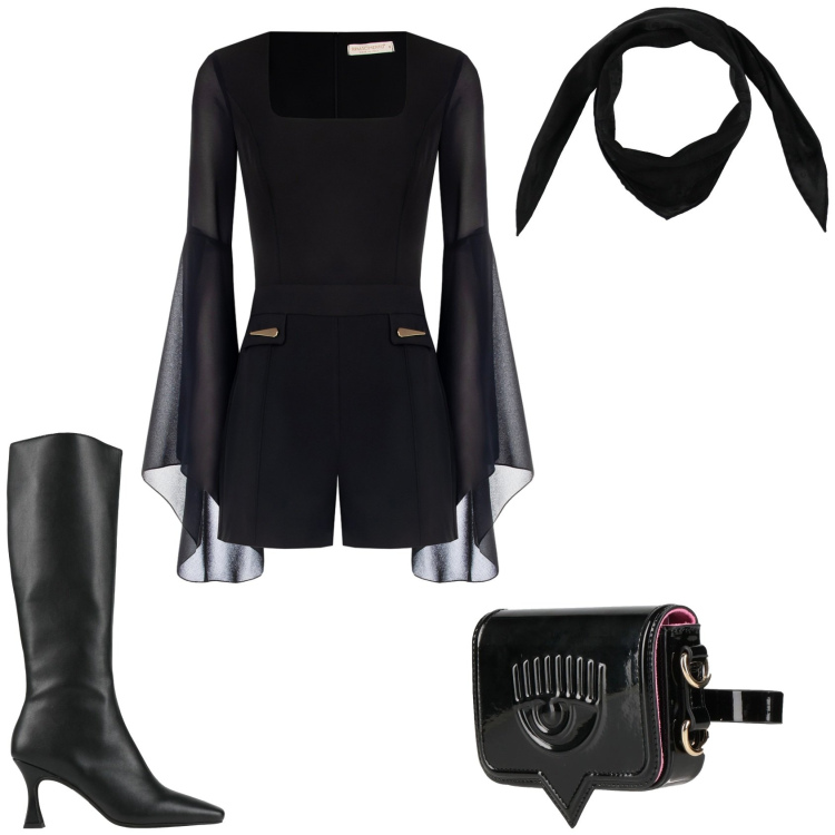 Outfit donna - Il nero serale. Stile Sexy per Serata fuori. Abbinamento con sciarpe, marsupi, stivali, tuta corta.