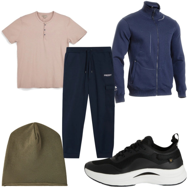 Outfit uomo - Total look #2379890. Stile Trendy per Sport. Abbinamento con sneakers, pantaloni cargo, berretti, t-shirt, felpe.