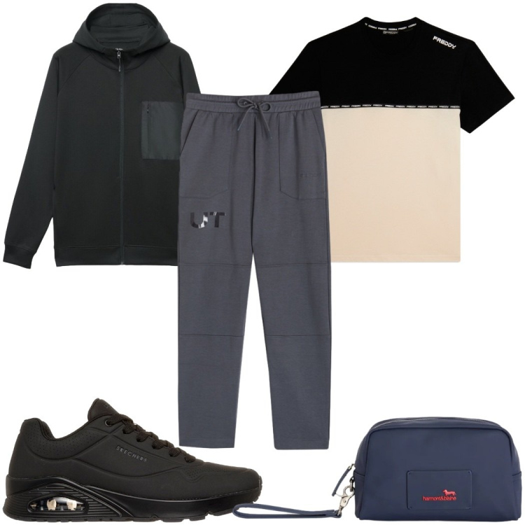 Outfit uomo - Total look #2379891. Stile Trendy per Sport. Abbinamento con felpe con cappuccio, borse sportive, pantaloni, t-shirt, sneakers.