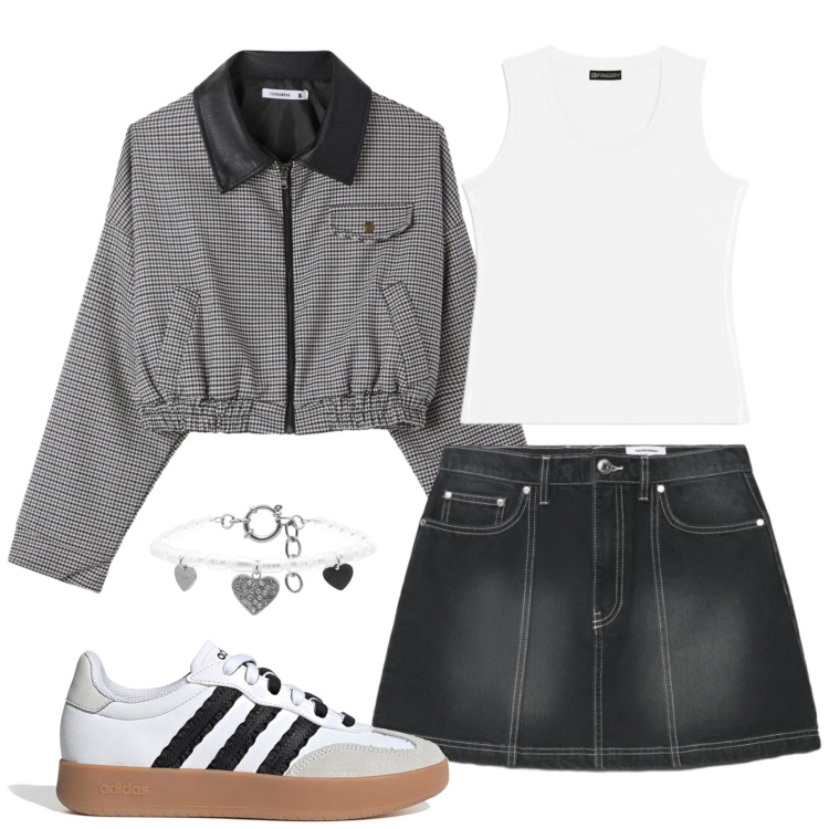 Outfit donna - Chic Monochrome. Stile Casual per Tutti i giorni. Abbinamento con minigonne, cappotti, braccialetti, canottiere, sneakers, borse a tracolla.