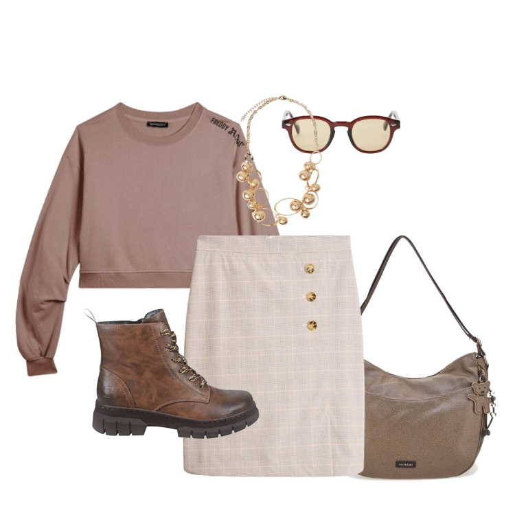 Outfit donna - Total look #2379896. Stile Casual chic per Ufficio. Abbinamento con gonne longuette, occhiali da sole, collane, felpe, anfibi, borse a spalla.