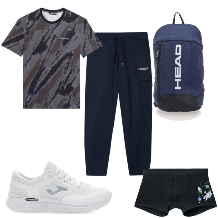 Outfit uomo - Total look #2379900. Stile Trendy per Sport. Abbinamento con pantaloni cargo, t-shirt, sneakers, boxer, borse sportive.