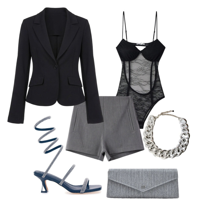 Outfit donna - Total look #2379907. Stile Glamour per Serata fuori. Abbinamento con shorts, body, blazer, pochette, collane, sandali col tacco.