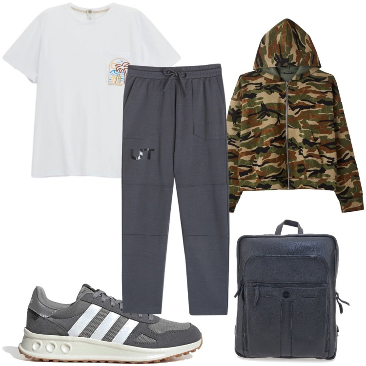 Outfit uomo - Total look #2379908. Stile Trendy per Sport. Abbinamento con felpe con cappuccio, t-shirt, pantaloni, borse sportive, sneakers.