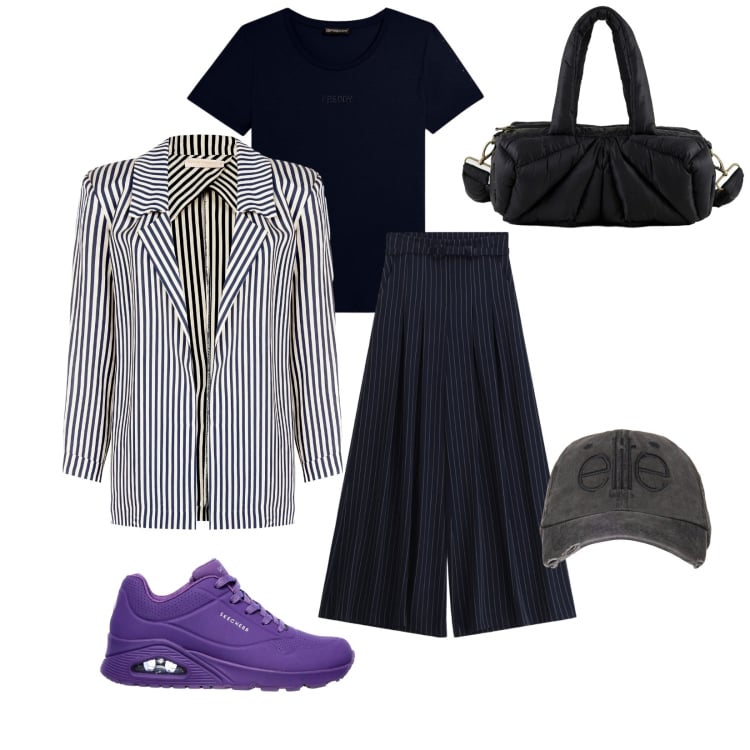 Outfit donna - Total look #2379911. Stile Urban per Ufficio. Abbinamento con pantaloni a palazzo, blazer, t-shirt, cappelli, borse a mano, sneakers.