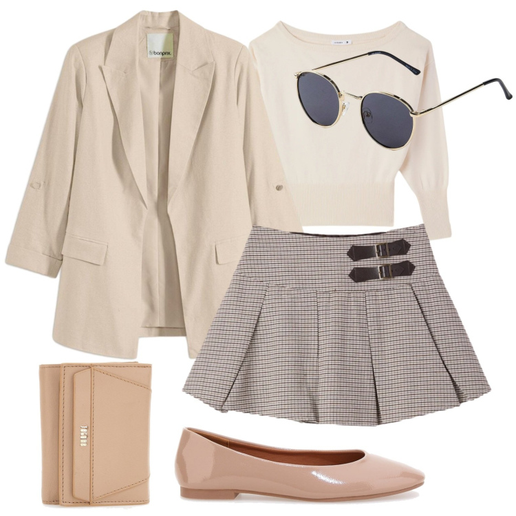 Outfit donna - Blazer e minigonna. Stile Casual chic per Scuola/Università. Abbinamento con occhiali da sole, blazer, minigonne, pullovers, portafogli, ballerine.