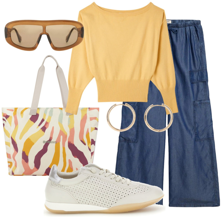 Outfit donna - Relax. Stile Casual chic per Tutti i giorni. Abbinamento con orecchini, pantaloni, pullovers, occhiali da sole, shopping bag, sneakers.