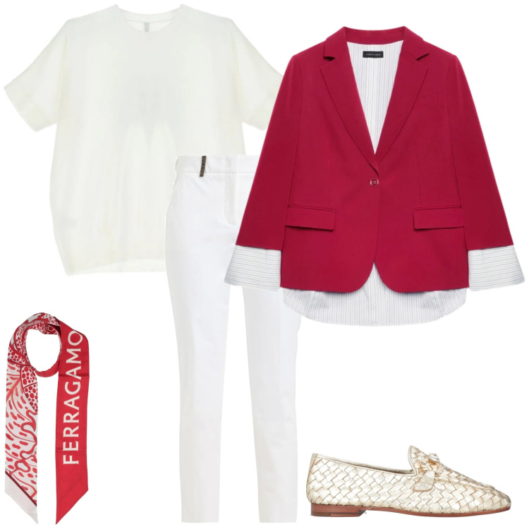 Outfit donna - Blazer di primavera. Stile Casual chic per Ufficio. Abbinamento con mocassini, sciarpe, pantaloni, blazer, t-shirt.