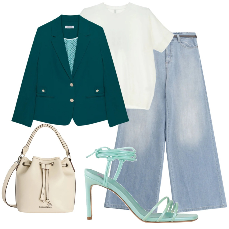 Outfit donna - Aperitivo dopo il lavoro. Stile Glamour per Ufficio. Abbinamento con sandali in pelle, t-shirt, blazer, jeans, borse a secchiello.