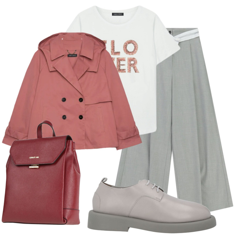Outfit donna - Scarpe stringate. Stile Casual chic per Ufficio. Abbinamento con zaini, scarpe stringate, trench, t-shirt, pantaloni a palazzo.