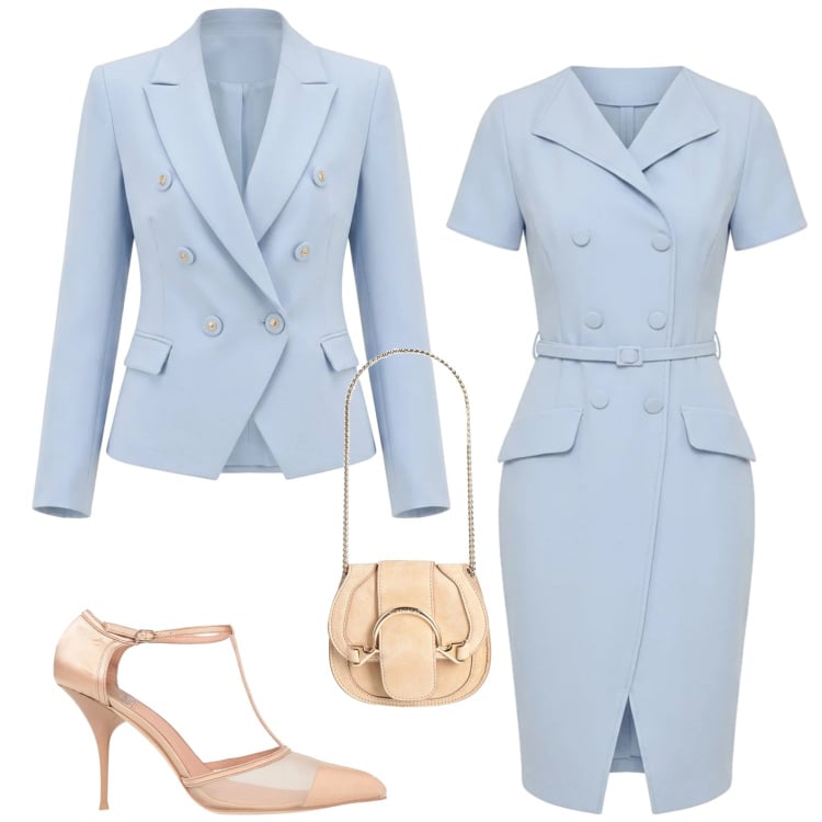 Outfit donna - Occasioni: cerimonia. Stile Chic per Cerimonia. Abbinamento con décolleté, marsupi, vestiti midi/longuette, blazer.