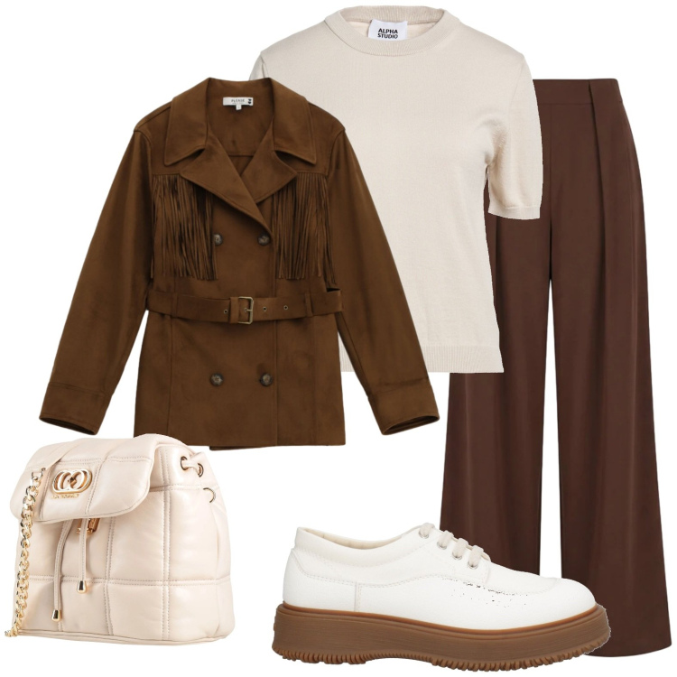 Outfit donna - Sahariana cioccolato. Stile Sporty chic per Tutti i giorni. Abbinamento con pullovers, scarpe stringate, valigie, trench, pantaloni a palazzo.