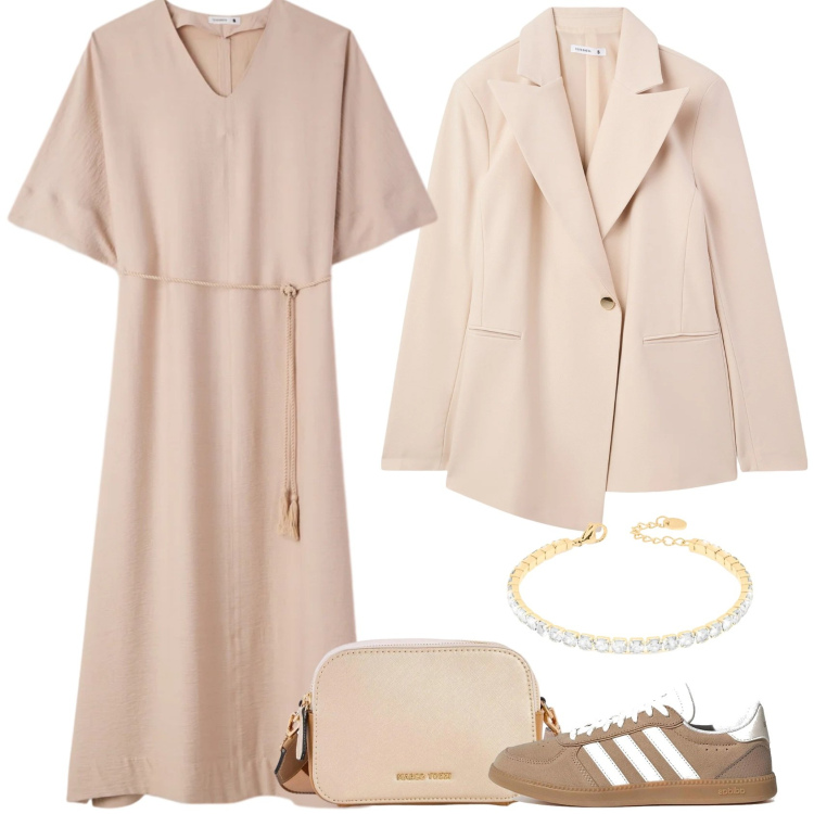 Outfit donna - Ton sur ton. Stile Romantica per Scuola/Università. Abbinamento con borse a tracolla, blazer, vestiti lunghi, braccialetti, sneakers.